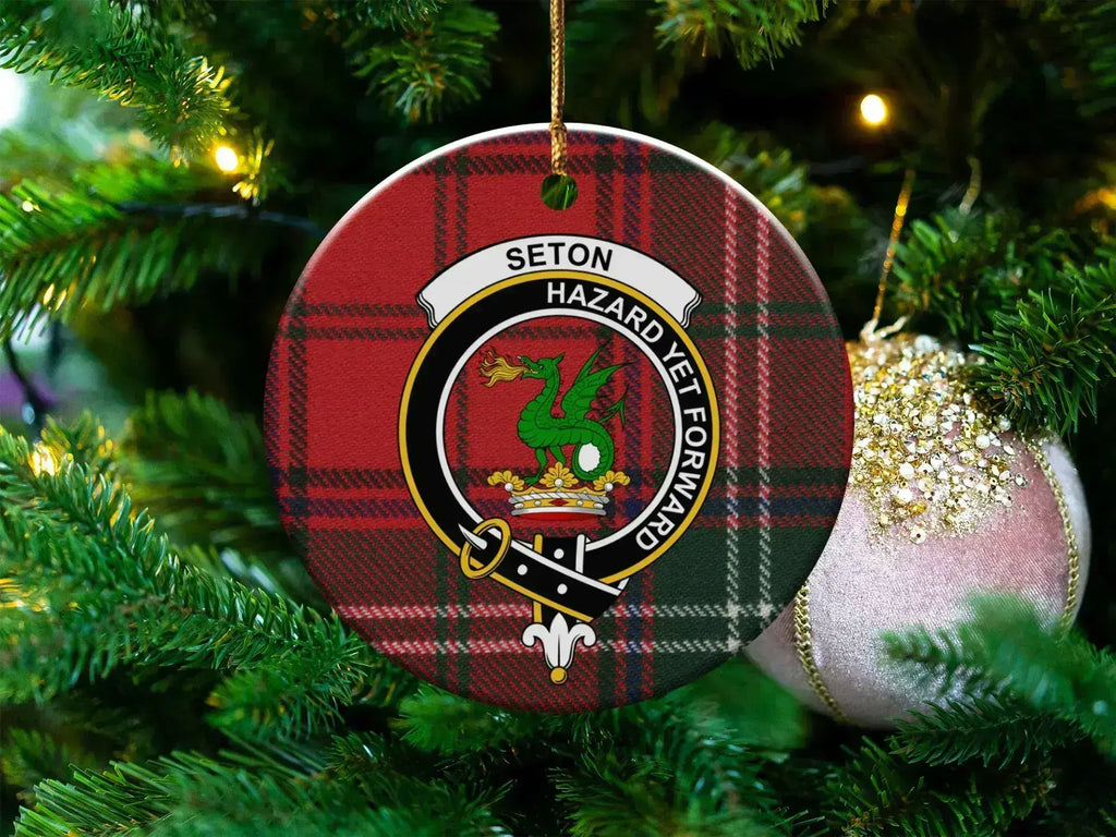 Clan Seton tartan ceramic ornament — 3" round disc with Hazard Yet Forward dragon crest and gold string