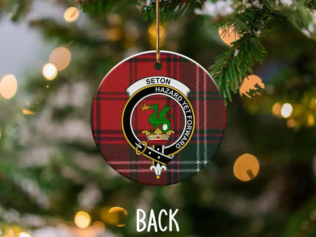 Seton Hazard Yet Forward clan crest plaid Christmas ornament — double-sided UV LED print on ceramic disc