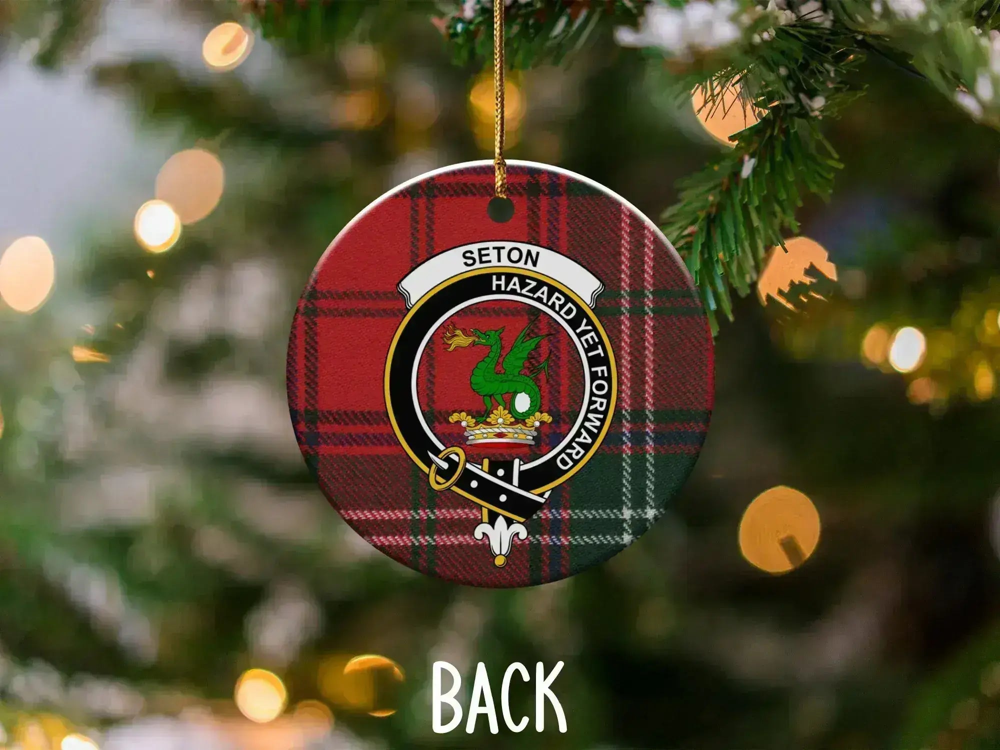 Seton Hazard Yet Forward clan crest plaid Christmas ornament — double-sided UV LED print on ceramic disc