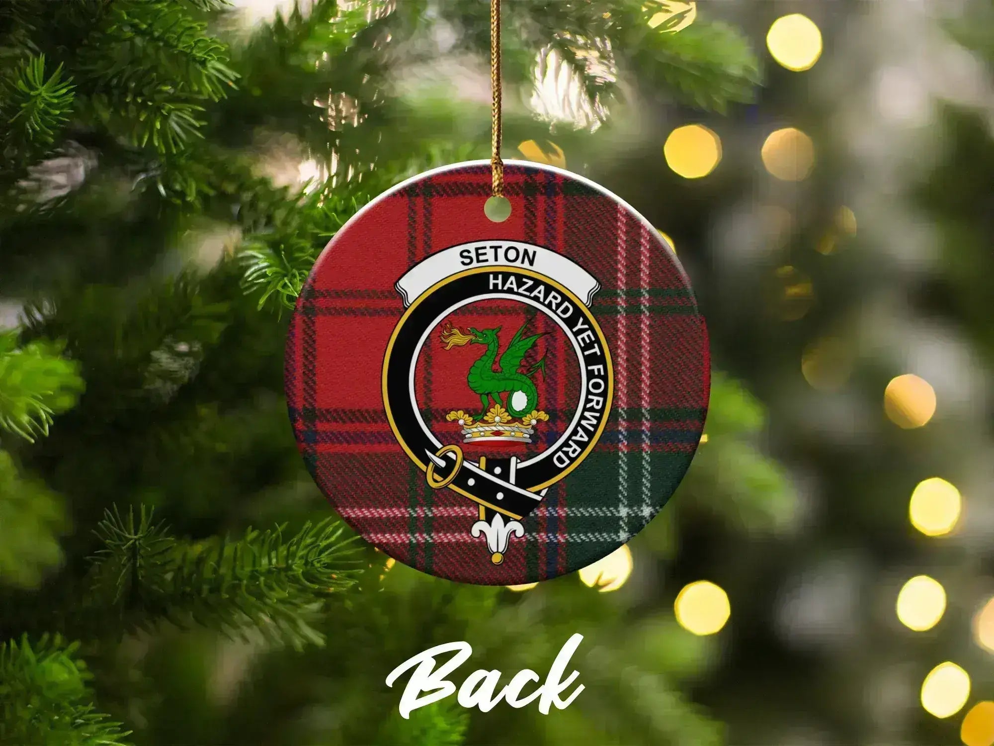 Scottish tartan clan Seton Christmas ornament — 3" ceramic disc, pre-drilled hole for hanging