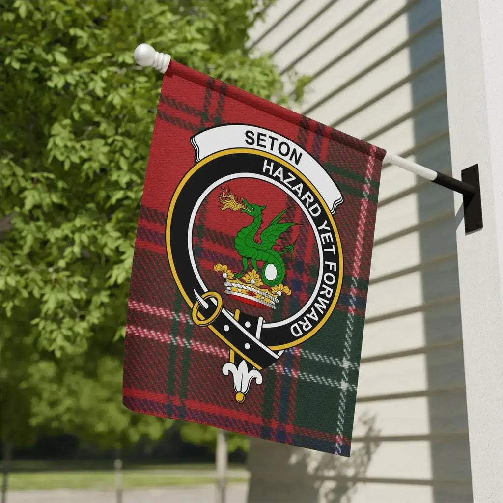 Clan Seton Hazard Yet Forward tartan crest garden flag — 12" x 18" poly canvas, red and green plaid
