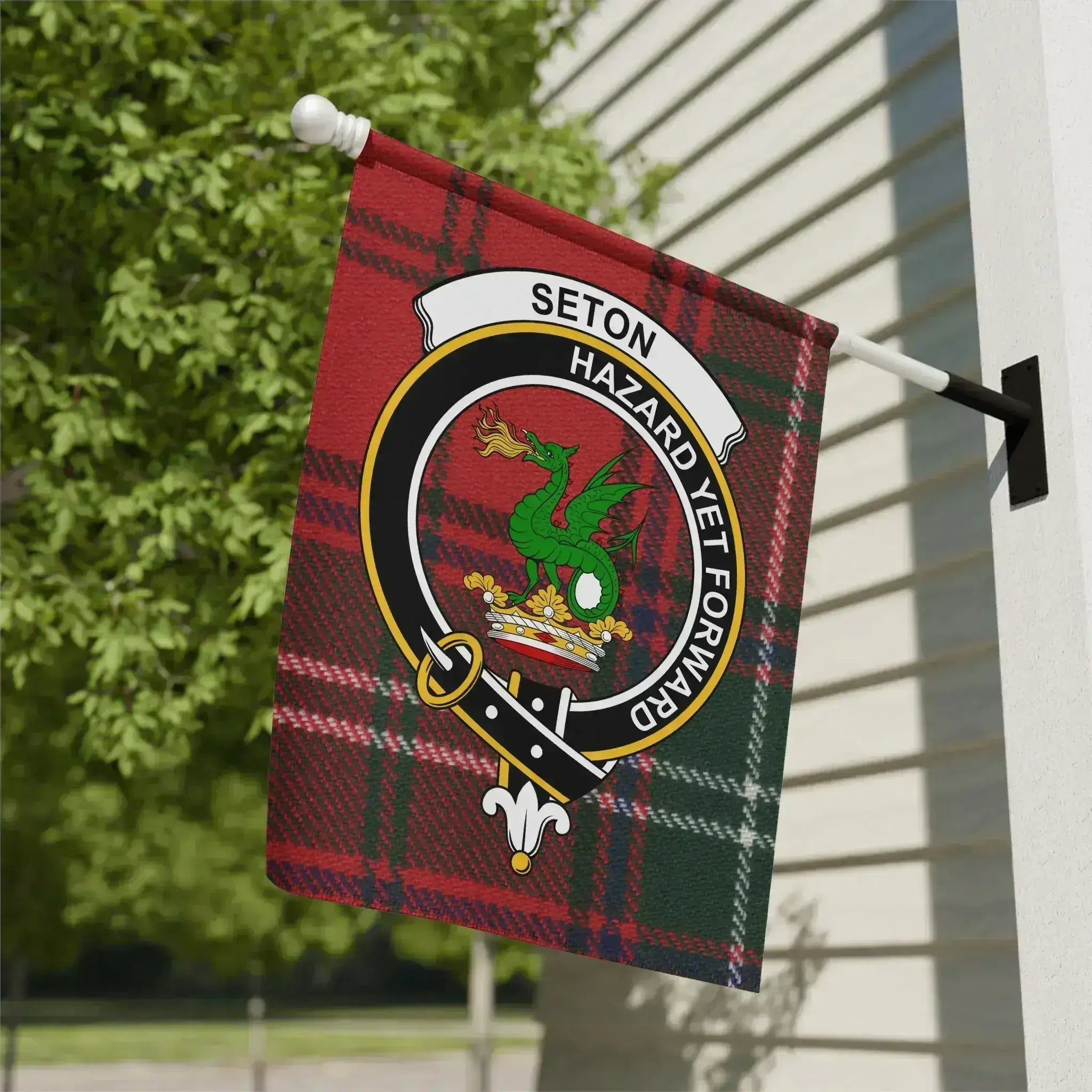 Clan Seton Hazard Yet Forward tartan crest garden flag — 12" x 18" poly canvas, red and green plaid