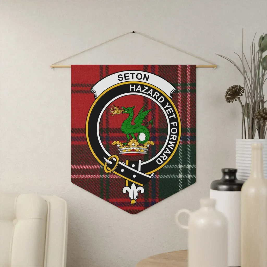 Clan Seton tartan crest pennant — 18" x 21" polyester twill with Hazard Yet Forward dragon emblem, wooden dowel