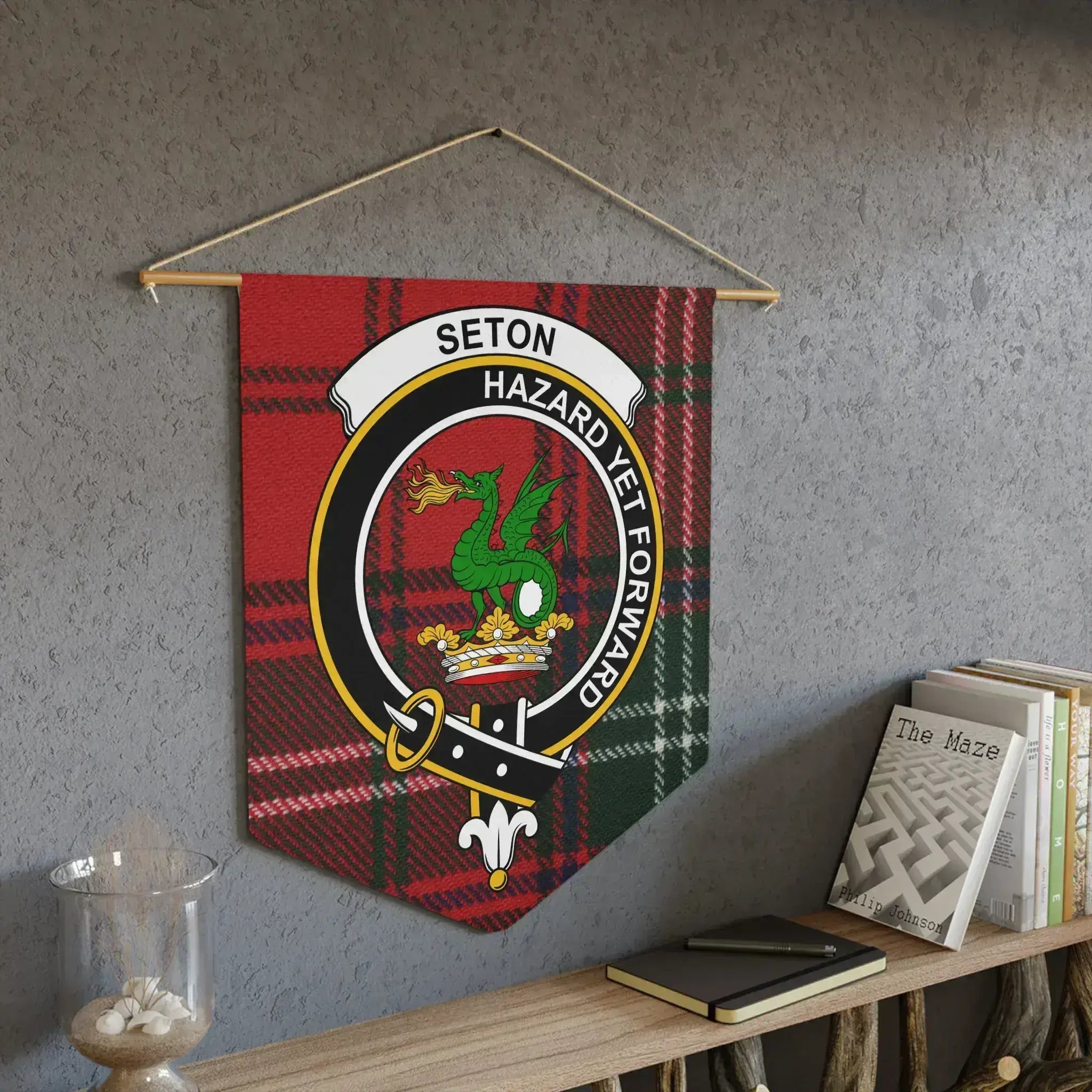 Seton Hazard Yet Forward clan crest tartan wall banner — laser-cut edges, red and green plaid
