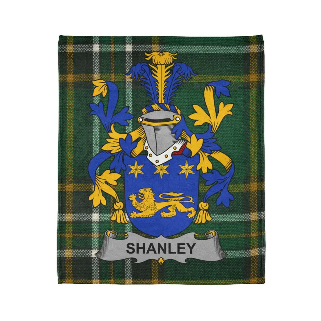Shanley Family Crest on Green Tartan Blanket