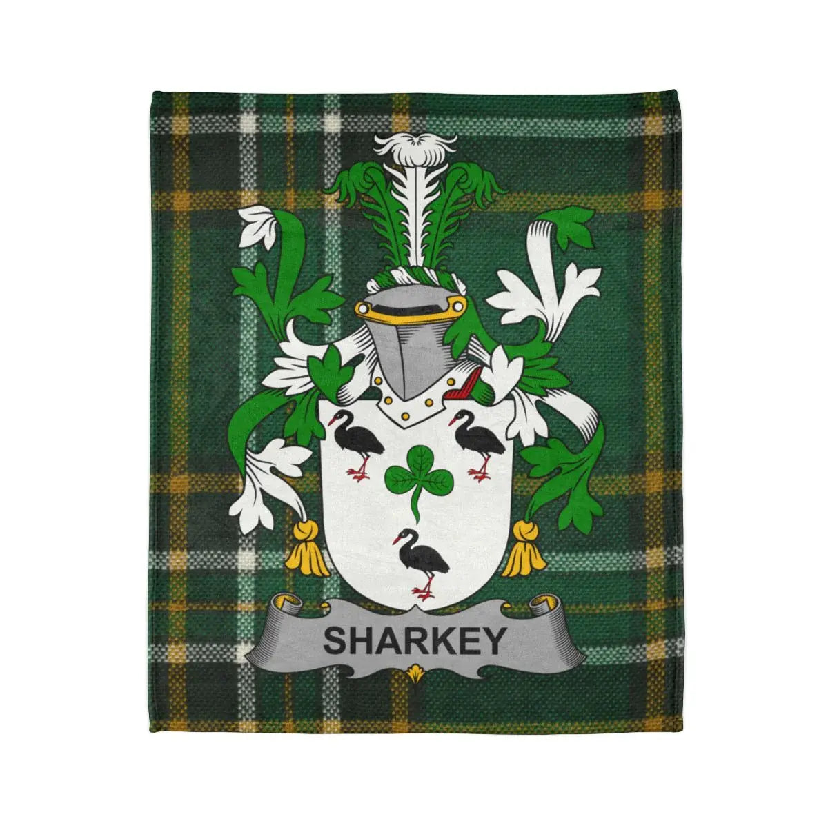 Sharkey Family Crest on Green Tartan Blanket Product