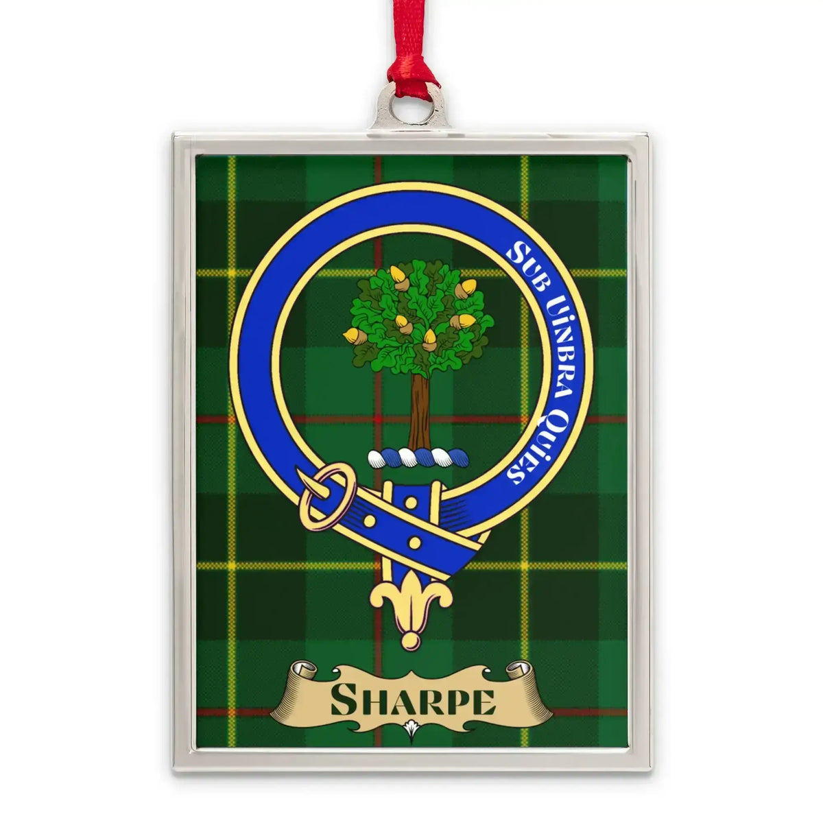 Sharpe tartan-background crest ornament shown as a Scottish heritage keepsake gift
