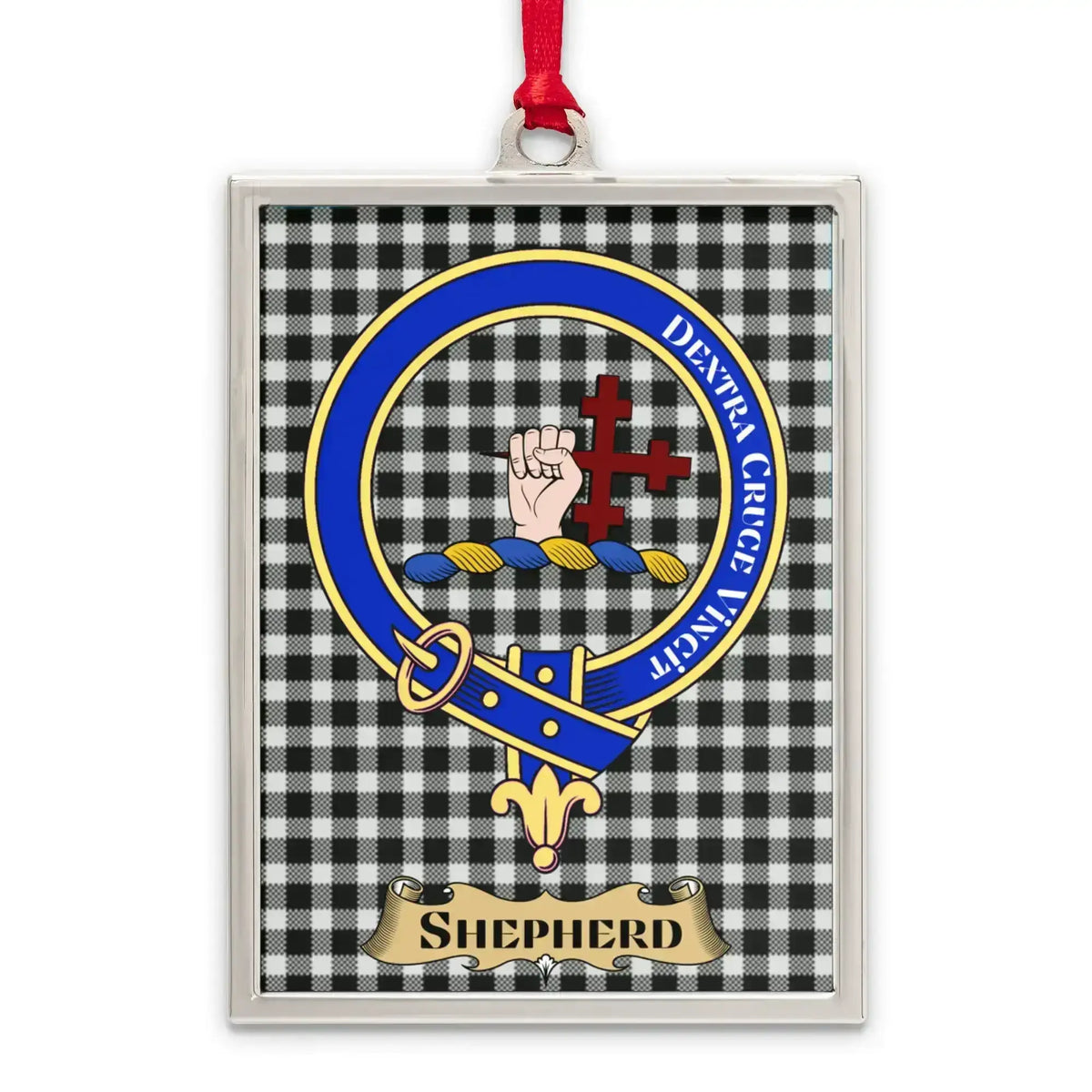 Shepherd tartan-background crest ornament shown as a Scottish heritage keepsake gift