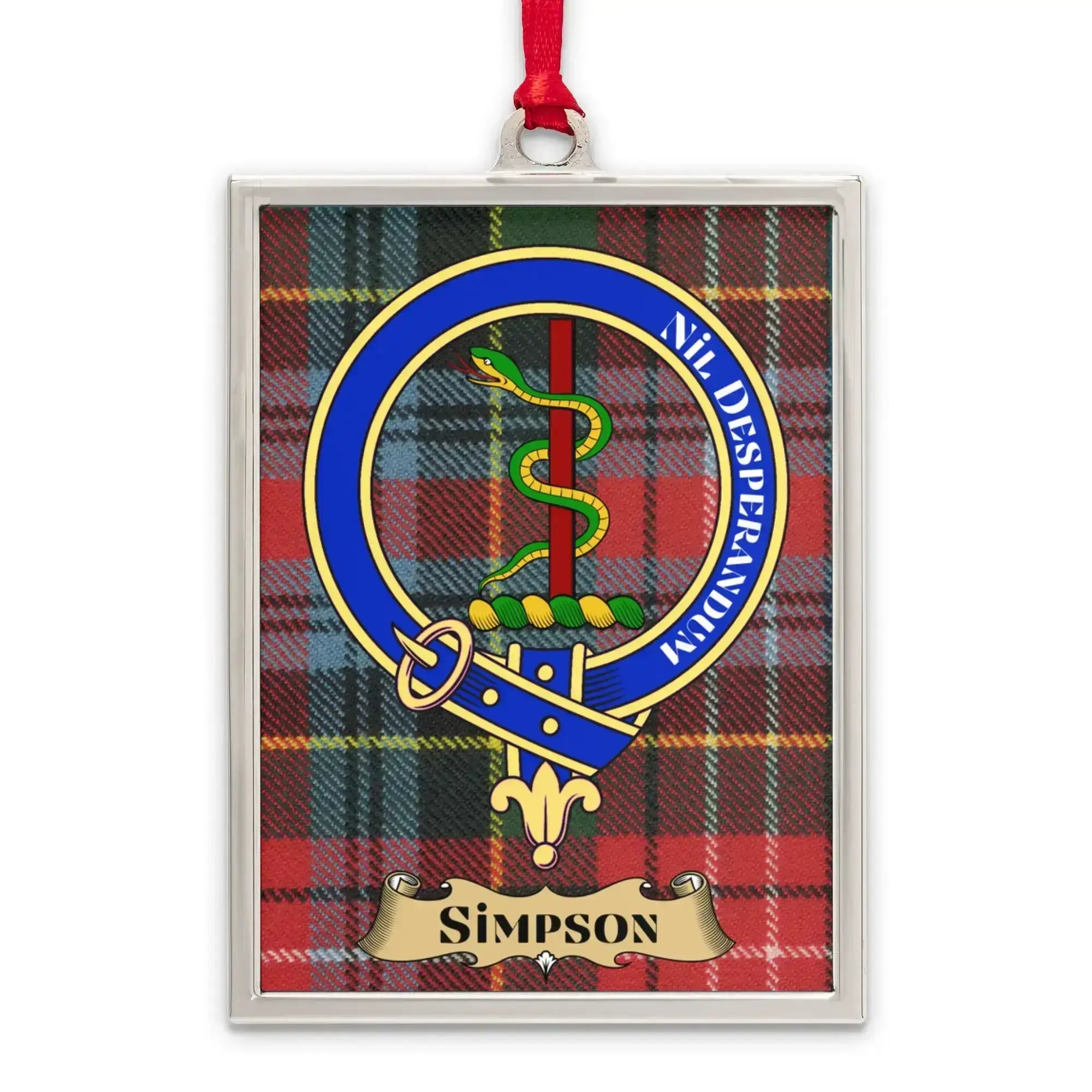 Simpson tartan-background crest ornament shown as a Scottish heritage keepsake gift