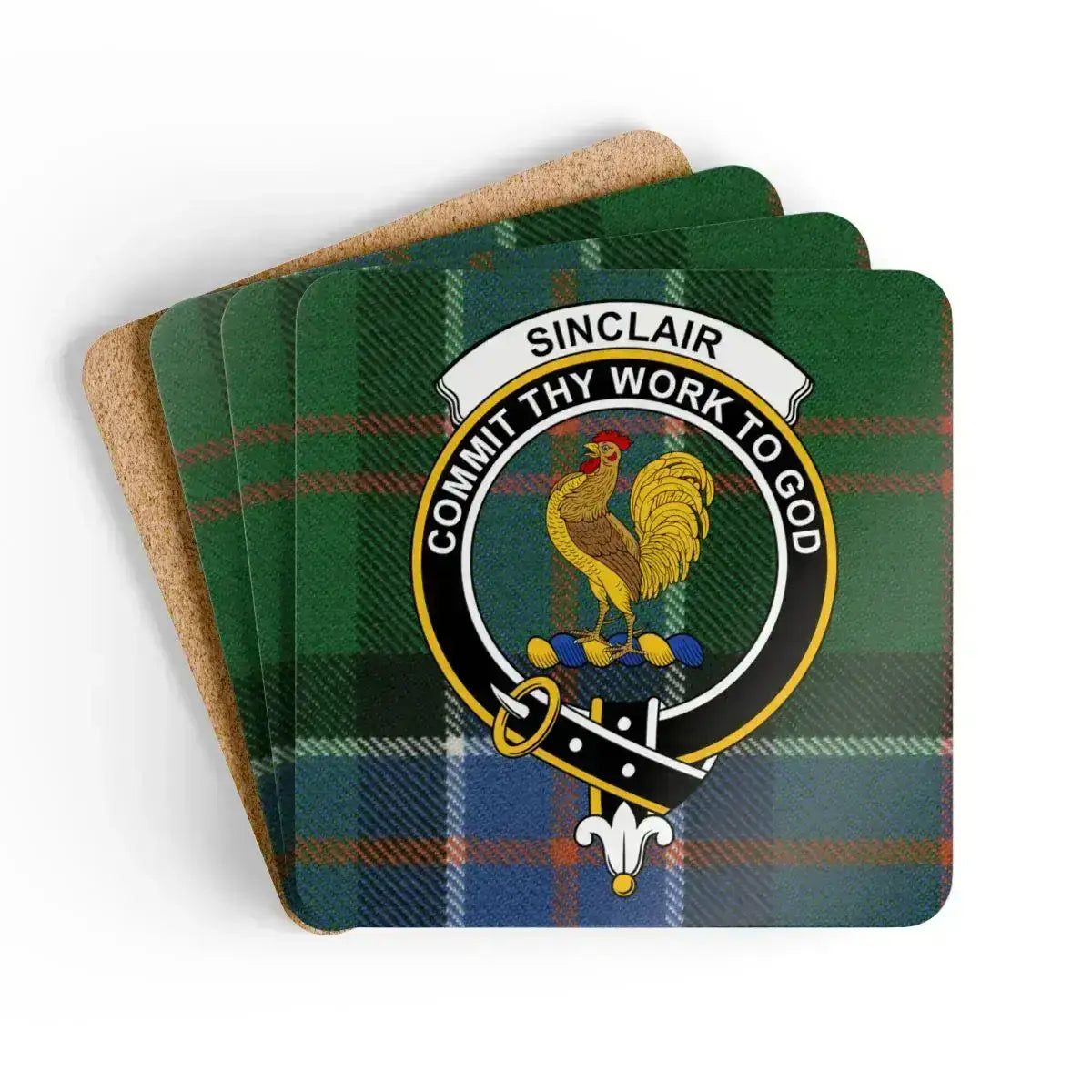 Clan Sinclair crest tartan coaster set — glossy print on natural cork, 3.75 inch square