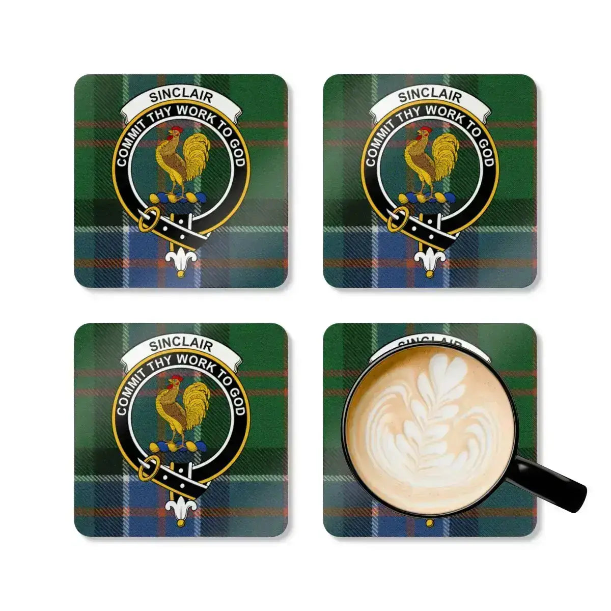Sinclair tartan clan crest coasters set of 4 — rooster emblem design