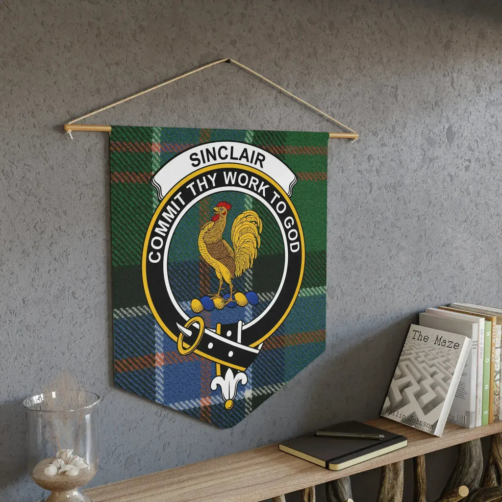 Sinclair commit thy work to god clan crest pennant on wall — tartan pattern display