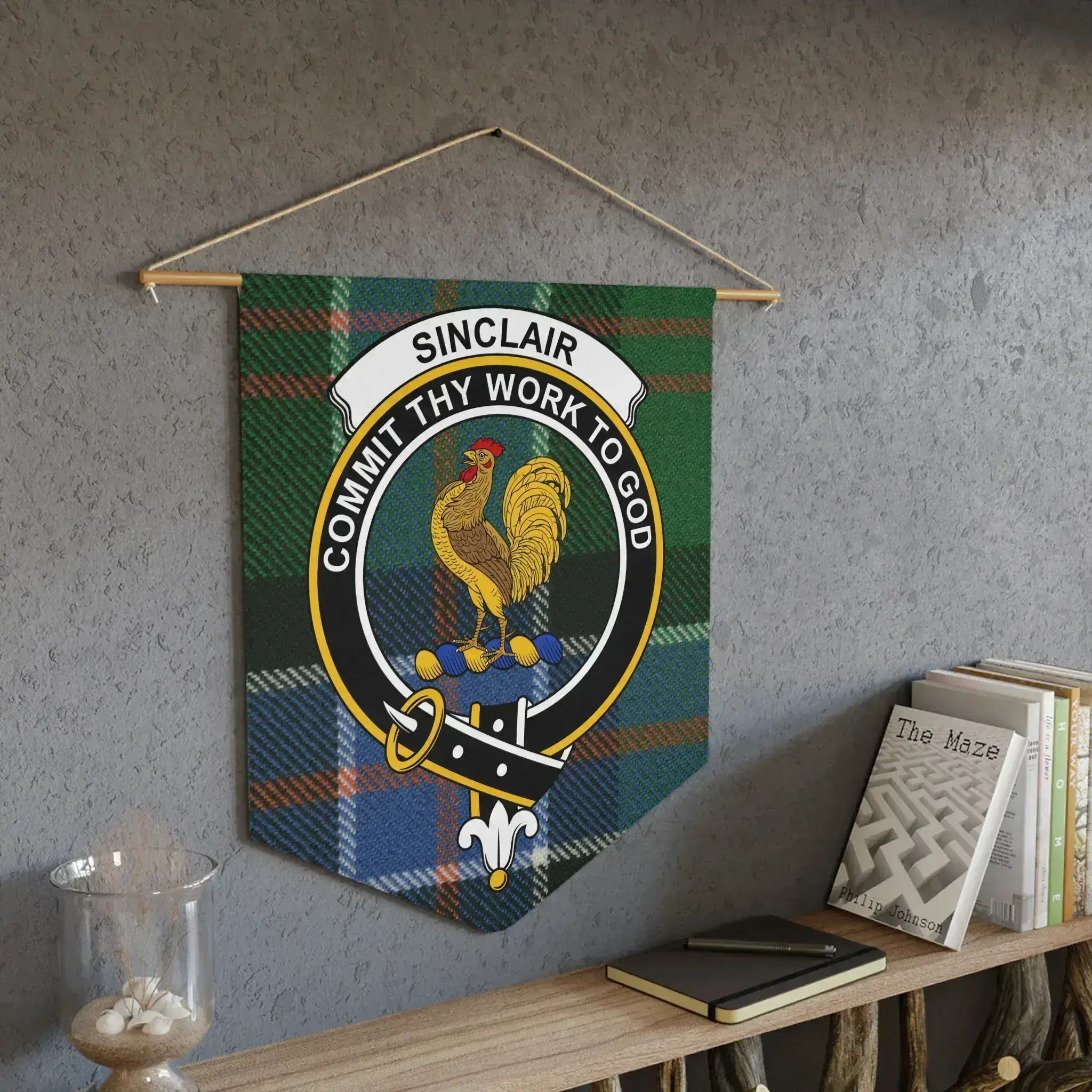 Sinclair commit thy work to god clan crest pennant on wall — tartan pattern display