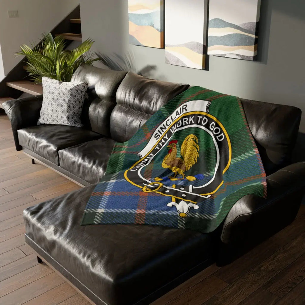 Clan Sinclair crest tartan throw blanket — lightweight 100% polyester, full design view