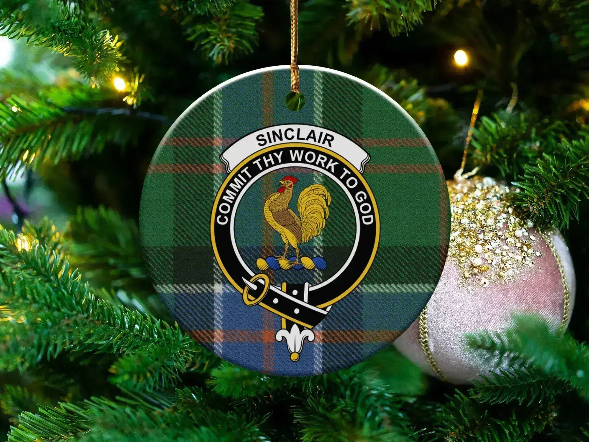 Clan Sinclair tartan crest ceramic ornament — 3 inch, double-sided with gold string