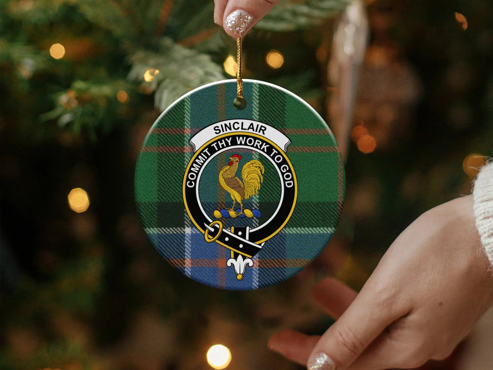 Sinclair clan rooster crest Christmas ornament — round ceramic with gold string