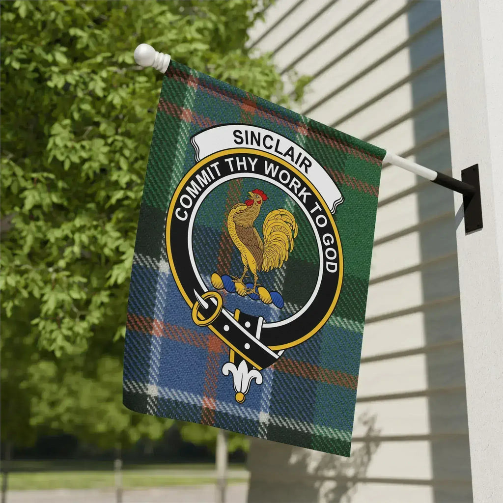Clan Sinclair tartan garden flag — 12x18 inch, poly canvas with rooster crest and plaid