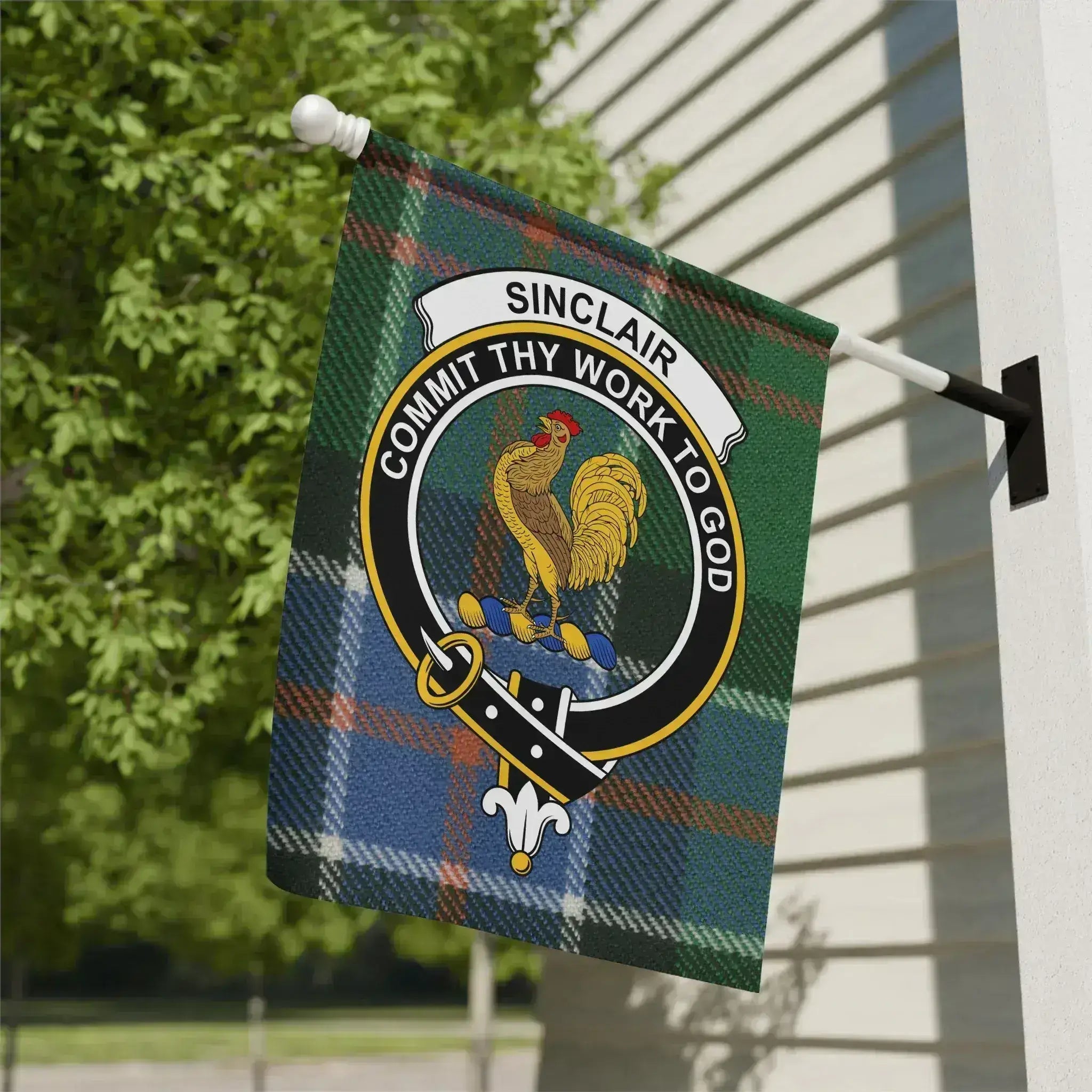 Clan Sinclair tartan garden flag — 12x18 inch, poly canvas with rooster crest and plaid