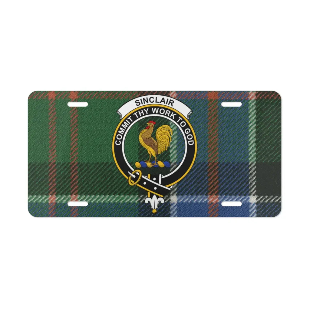 Sinclair commit thy work to god clan crest license plate — vibrant tartan design