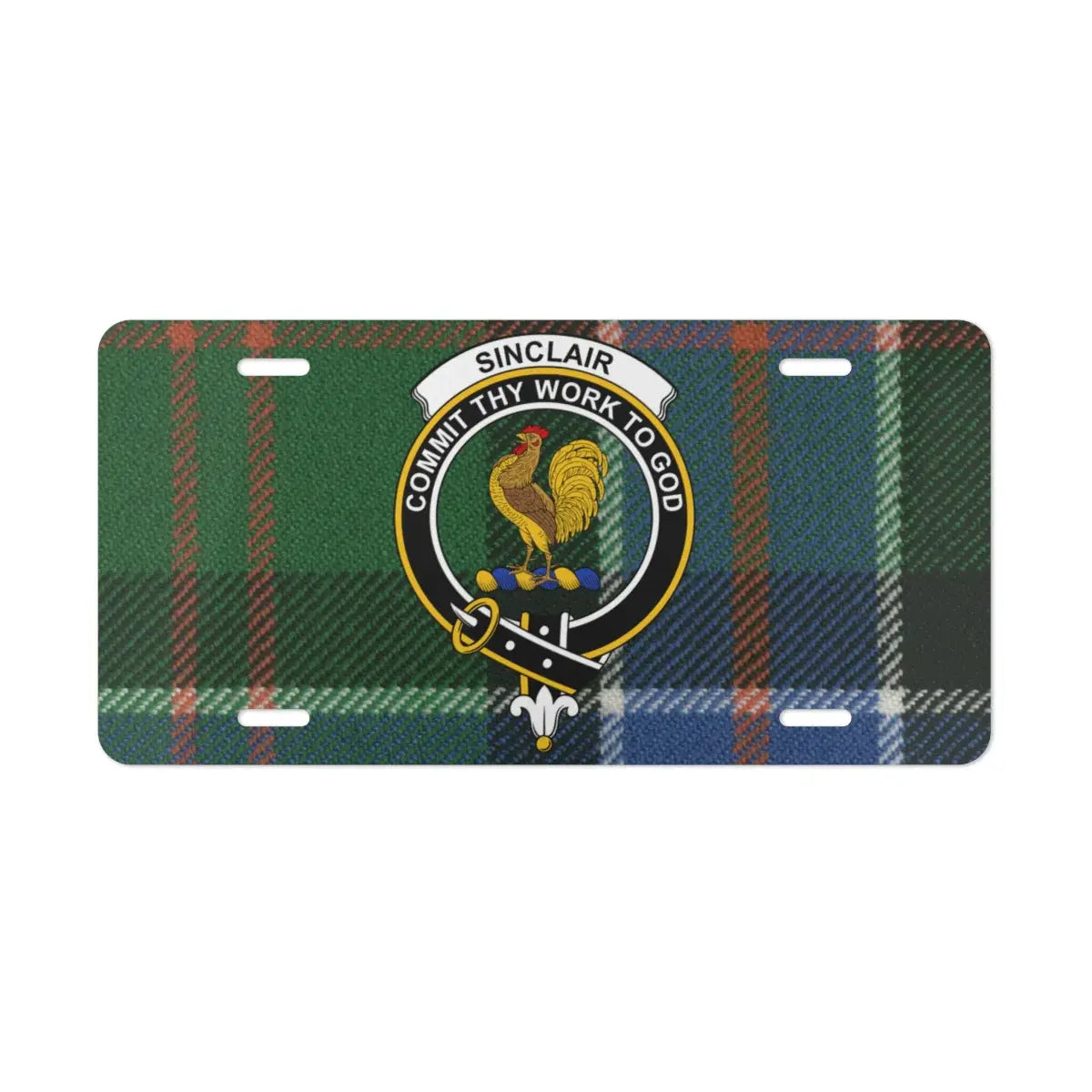 Sinclair commit thy work to god clan crest license plate — vibrant tartan design