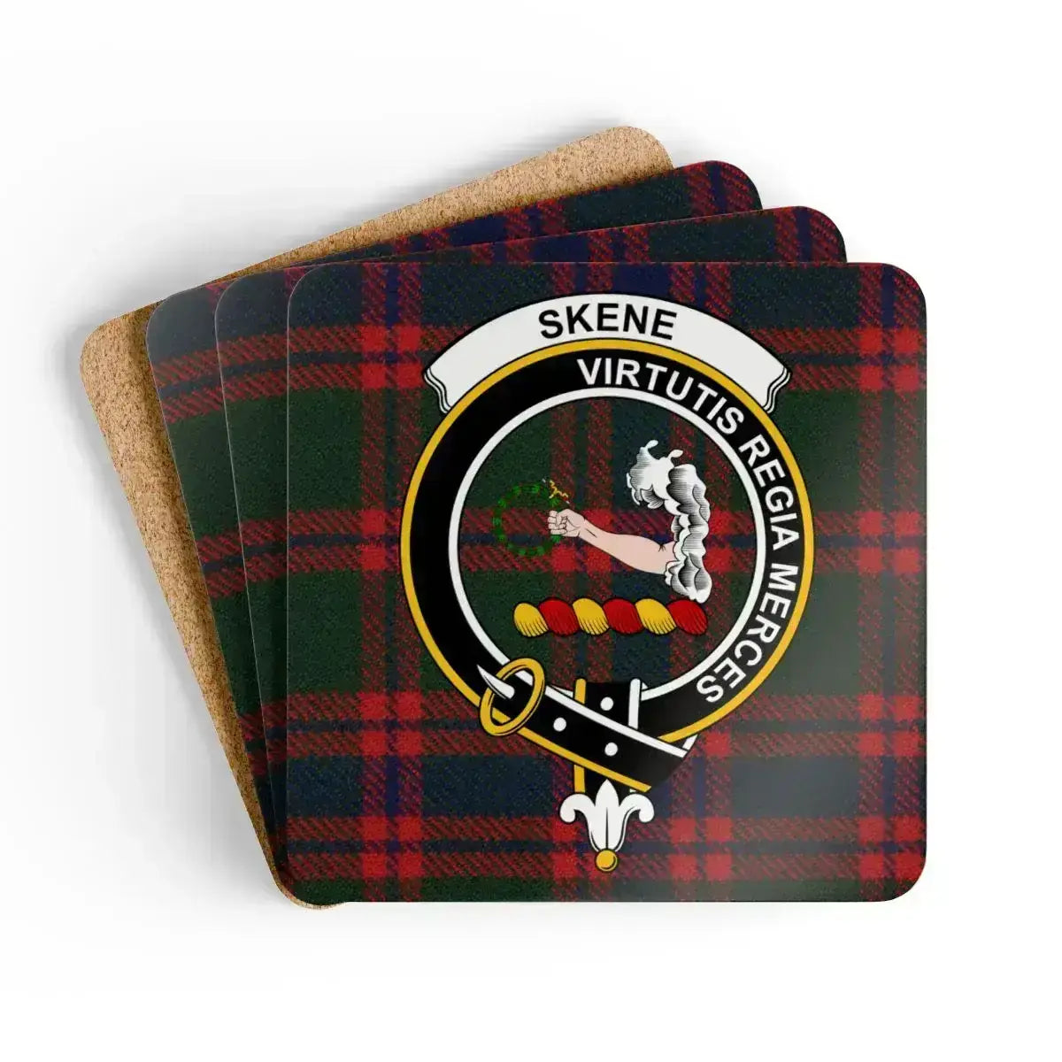 Clan Skene crest tartan coaster set — glossy print on natural cork, 3.75 inch square