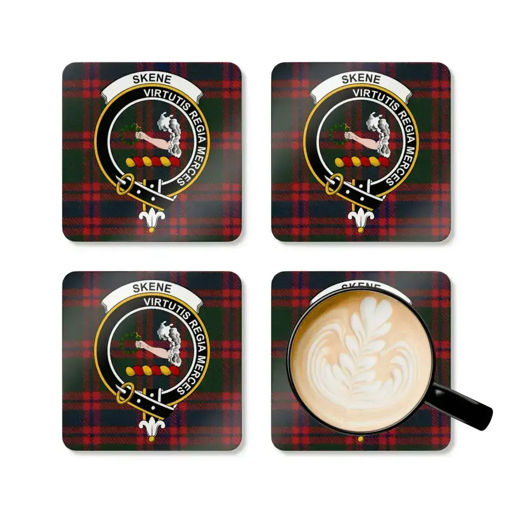 Skene virtutis regia merces plaid coaster — clan crest design on cork base