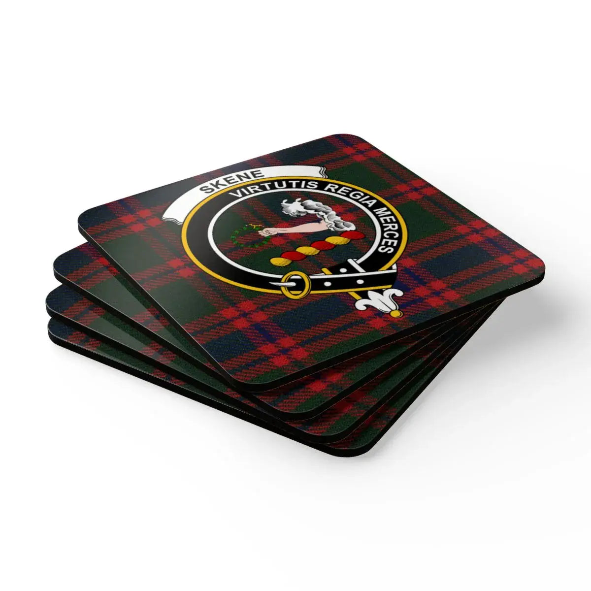 Scottish clan Skene tartan pattern coaster set in use — on table