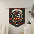 Clan Skene crest tartan pennant — 18x21 inch polyester twill with wooden dowel, red and green