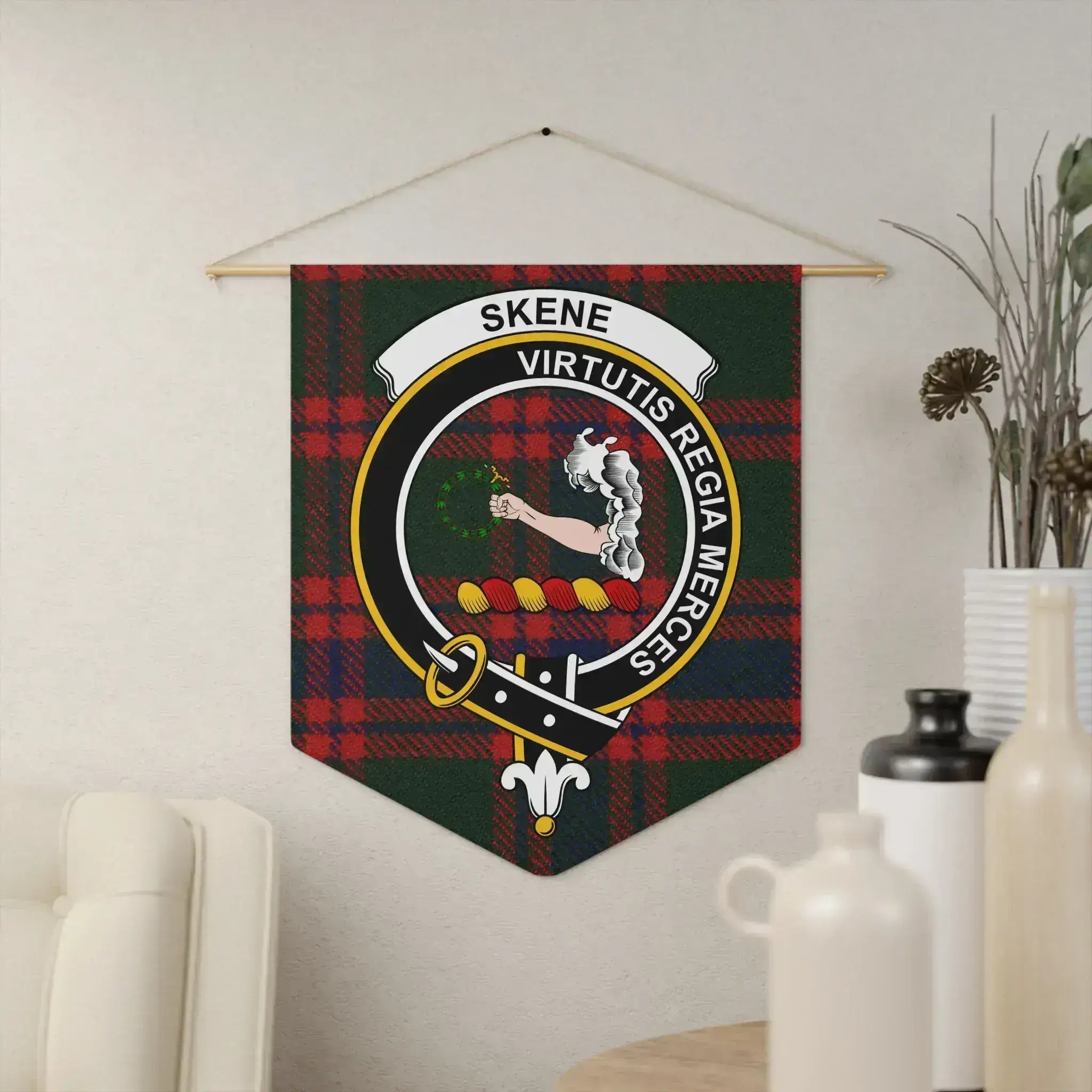Clan Skene crest tartan pennant — 18x21 inch polyester twill with wooden dowel, red and green