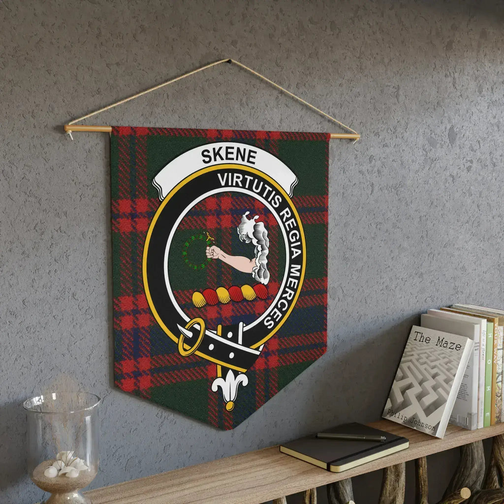 Skene virtutis regia merces tartan wall banner — clan crest on red and green plaid