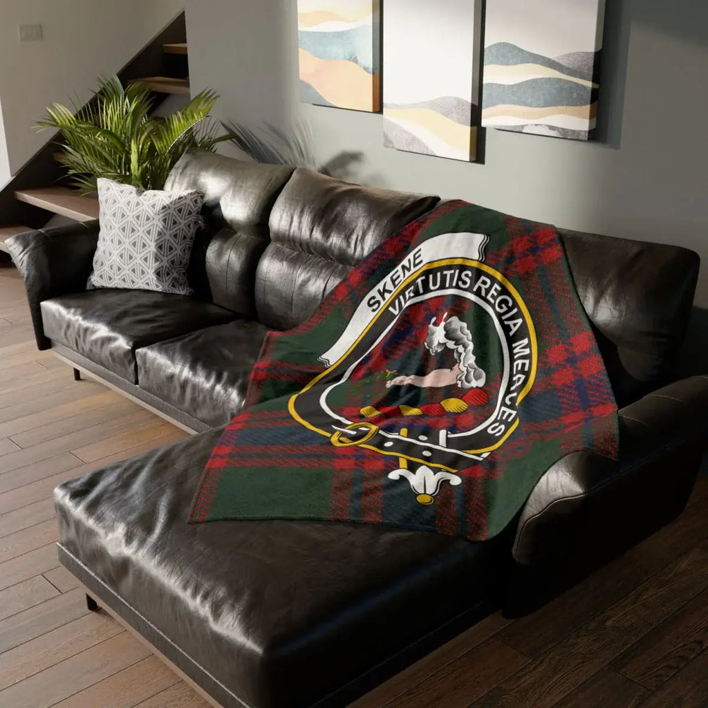 Clan Skene crest tartan throw blanket on sofa — lightweight 100% polyester
