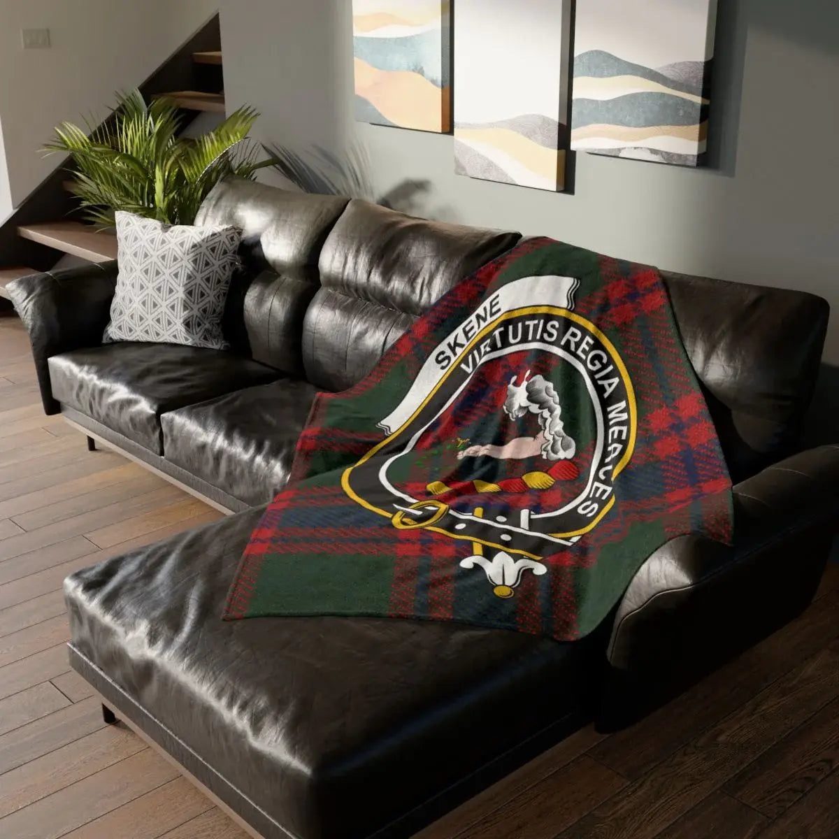 Clan Skene crest tartan throw blanket on sofa — lightweight 100% polyester