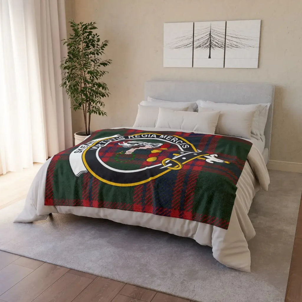 Clan Skene throw blanket folded — virtutis regia merces crest and tartan plaid print