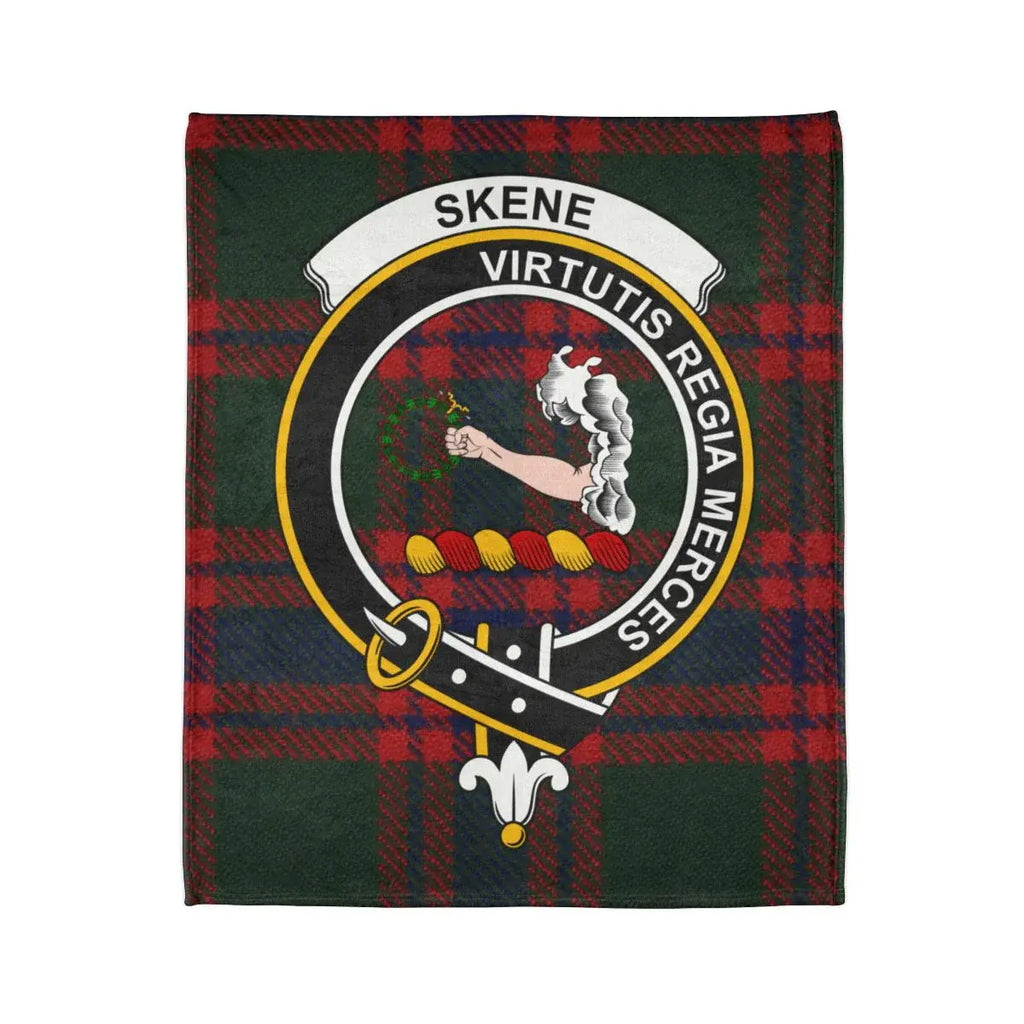 Clan Skene virtutis regia merces Scottish tartan blanket — crest detail
