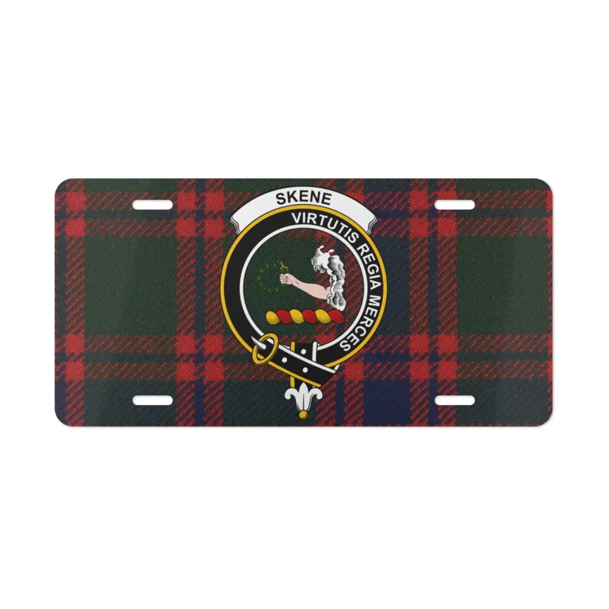 Skene virtutis regia merces plaid crest license plate — vivid tartan design