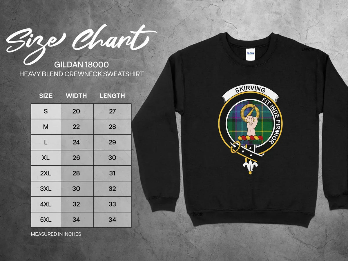 Skirving clan crest crewneck sweatshirt with Fit Inde Firmior motto and tartan design