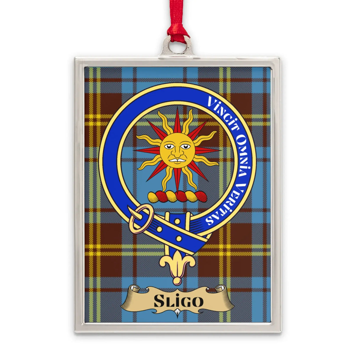 Sligo tartan-background crest ornament shown as a heritage keepsake gift