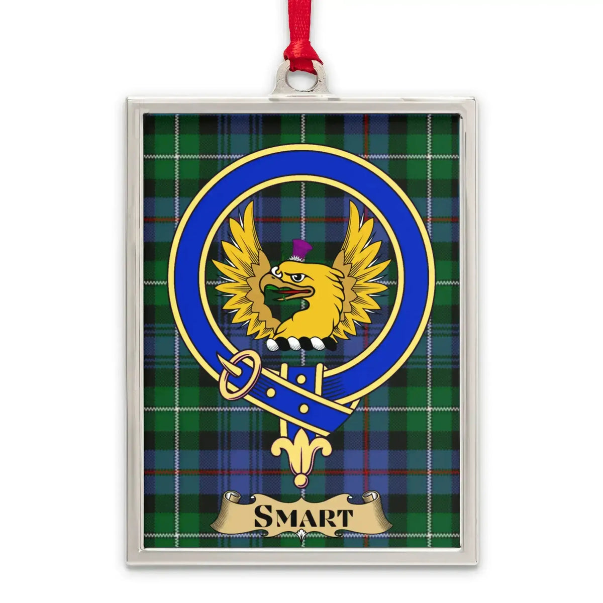 Smart tartan-background crest ornament shown as a Scottish heritage keepsake gift