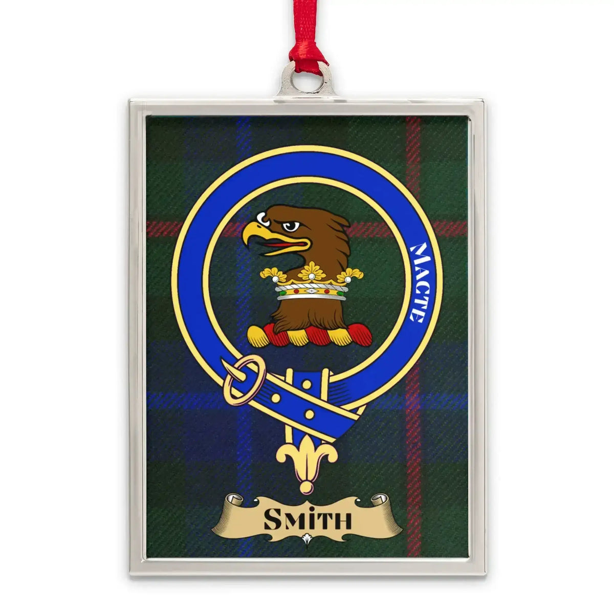 Smith tartan-background crest ornament shown as a Scottish heritage keepsake gift