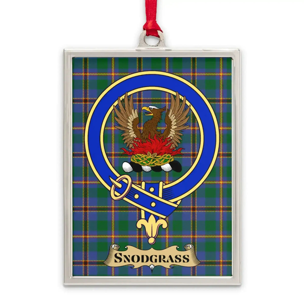 Snodgrass tartan-background crest ornament shown as a Scottish heritage keepsake gift