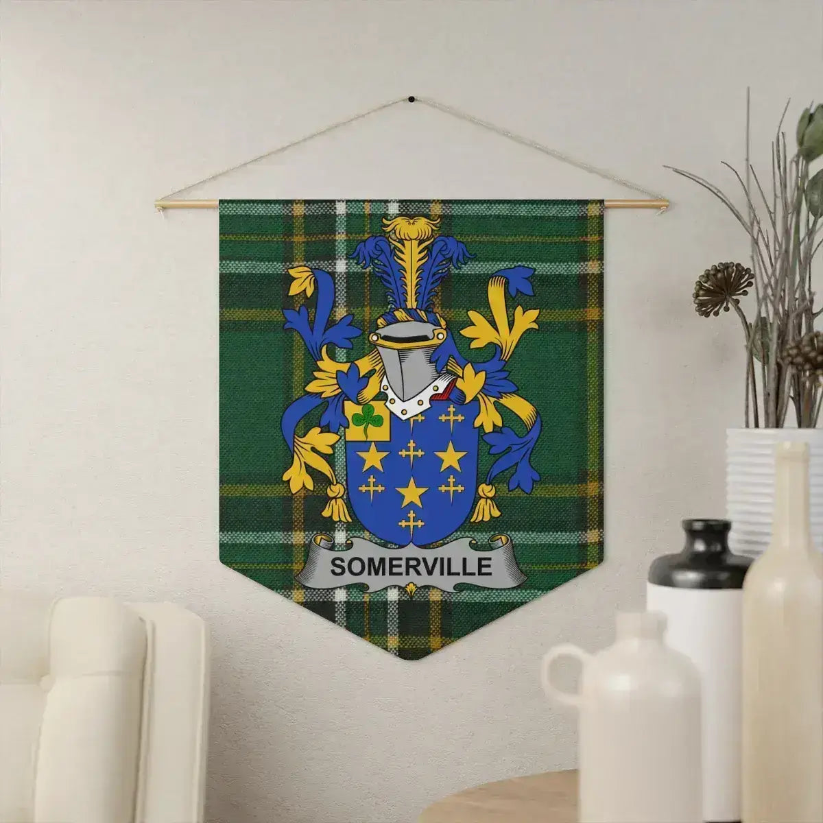 Somerville Irish family crest wall pennant — crest on the Irish national tartan