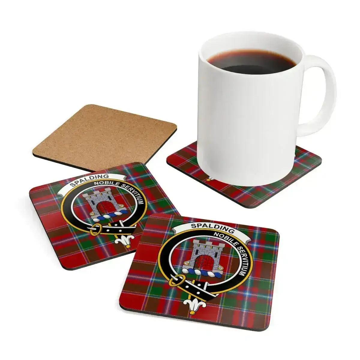 Clan Spalding nobile servitium tartan design coaster — four square cork coasters