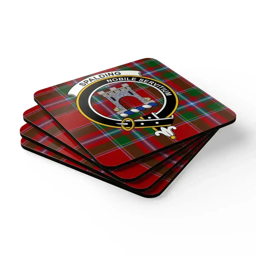 Spalding nobile servitium tartan pattern coaster set in use — on table