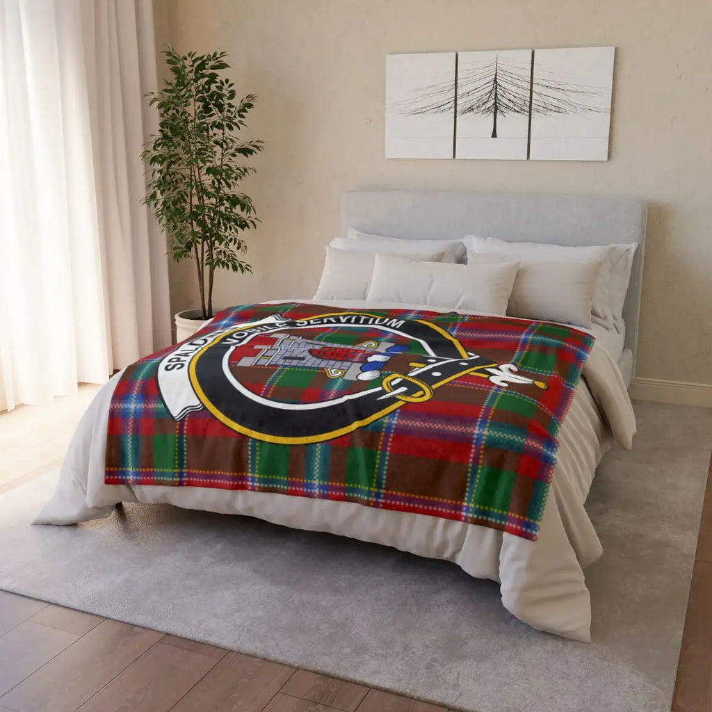 Clan Spalding throw blanket folded — nobile servitium tartan crest design