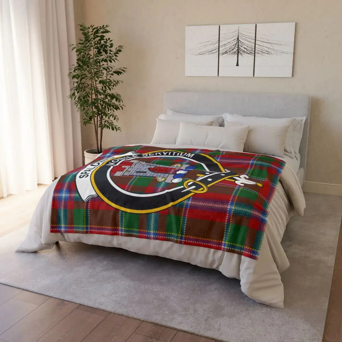 Clan Spalding throw blanket folded — nobile servitium tartan crest design