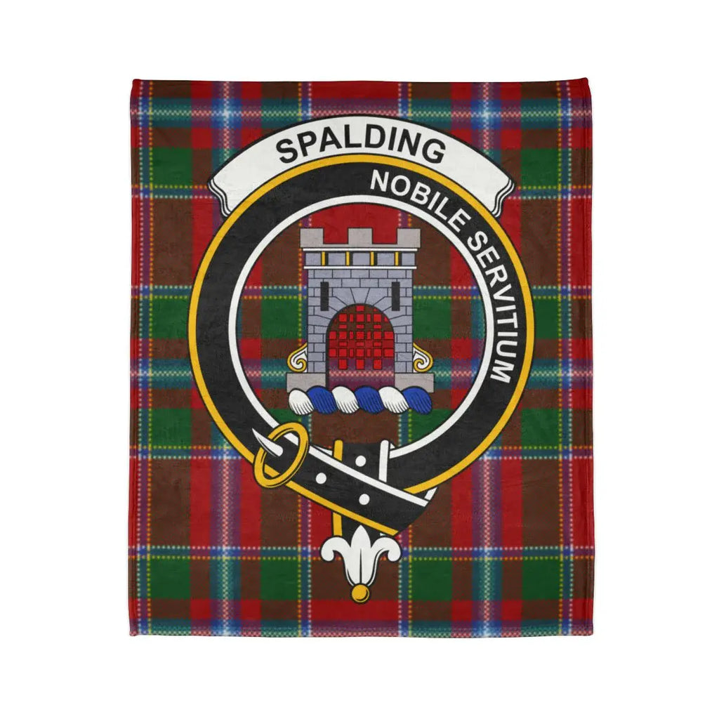 Clan Spalding nobile servitium clan tartan blanket — crest detail on sofa