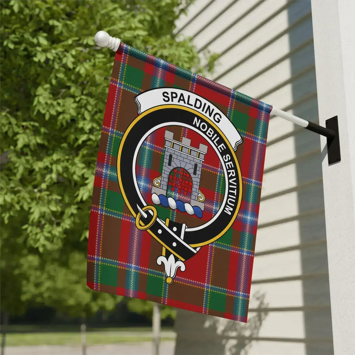 Clan Spalding nobile servitium tartan garden flag — 12x18 inch, poly canvas with crest and plaid