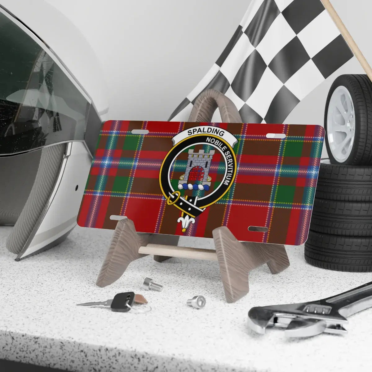 Clan Spalding nobile servitium tartan crest novelty license plate — 100% aluminium, 12x6 inch