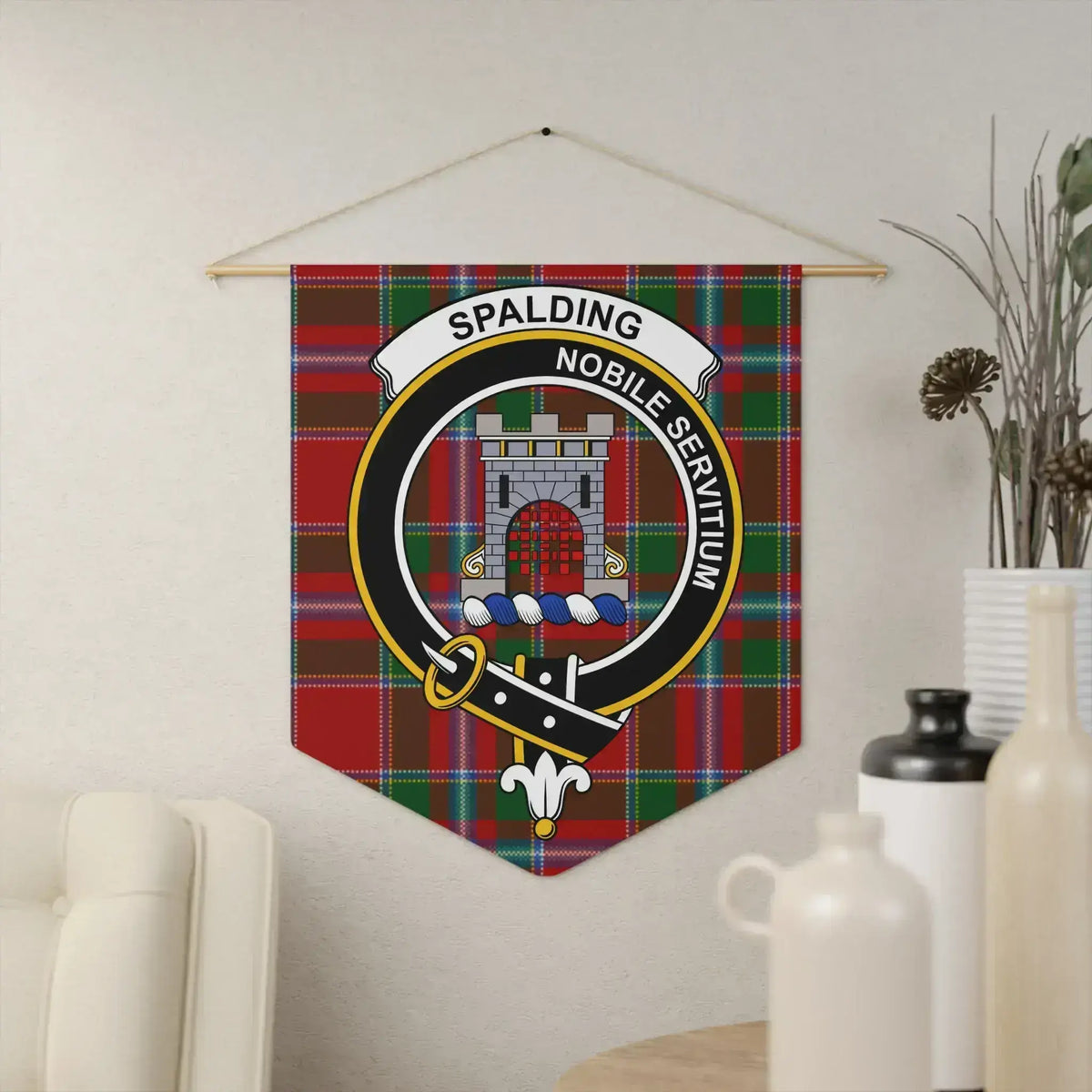 Clan Spalding nobile servitium tartan pennant — 18x21 inch polyester twill with wooden dowel
