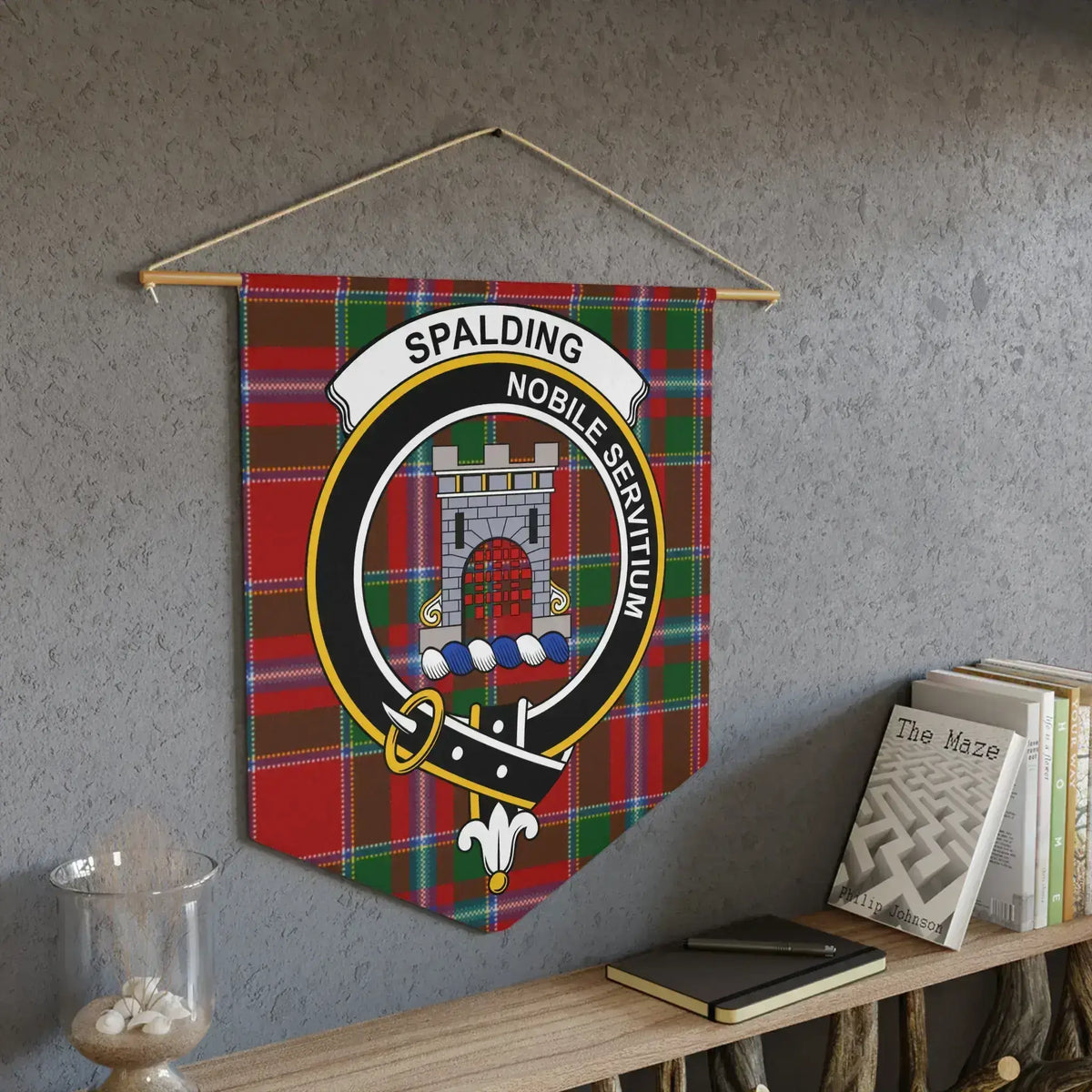 Spalding nobile servitium tartan wall hanging — clan crest on red plaid pennant